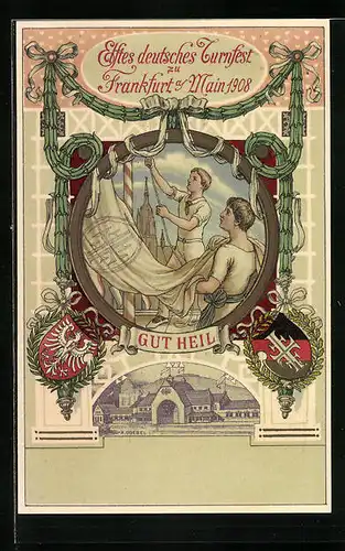 Künstler-AK Frankfurt a. M., Elftes deutsches Turnfest 1908 mit Wappen