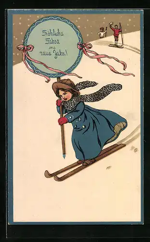 Präge-AK Mädchen auf Skiern fährt ins neue Jahr