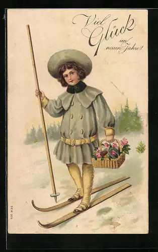 Präge-AK Mädchen auf Skiern mit Rosenkorb, Viel Glück im neuen Jahre
