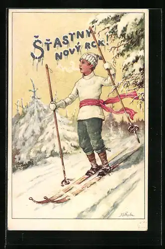 Künstler-AK Junge auf Skiern in Winterlandschaft