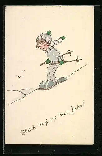 Künstler-AK Junge auf Skiern, Glück aufs ins neue Jahr