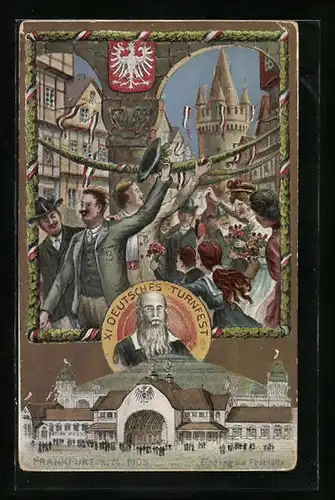 Künstler-AK Frankfurt a. M., Elftes deutsches Turnfest 1908 mit Wappen, Eingang und Festhalle