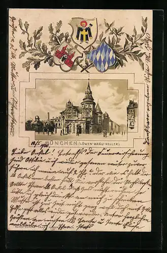 Passepartout-Lithographie München, Löwen-Bräu-Keller mit Wappen
