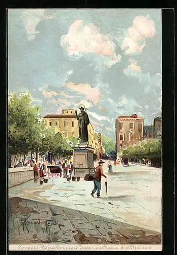 Künstler-AK Sorrento, Piazza Torquato Tasso con Statua di S. Antonio