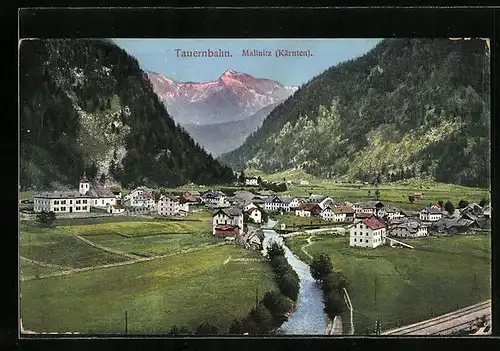 AK Mallnitz, Tauernbahn mit Bergpanorama