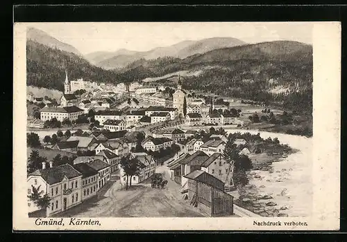 Künstler-AK Gmünd, Ortsansicht aus der Vogelschau