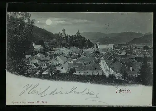 Mondschein-AK Friesach, Ortsansicht mit Burg