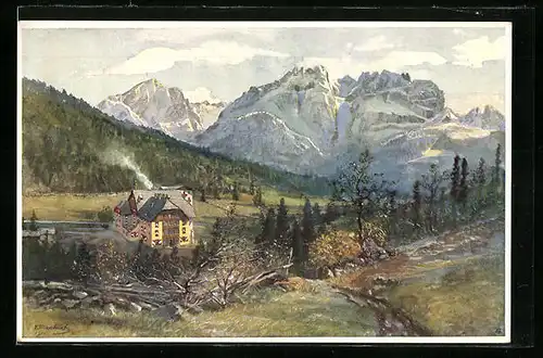 Künstler-AK Dölsach, Hotel Bad Iselsberg mit Landschaftspanorama