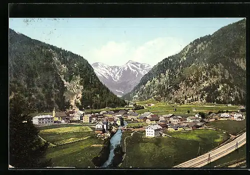 AK Mallnitz, Ortsansicht mit der Tauernbahn und der Geiselspitze