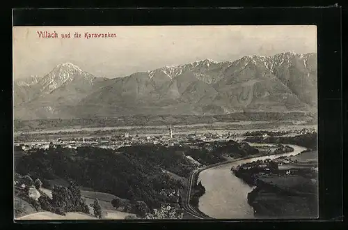 AK Villach, Ortsansicht und die Karawanken