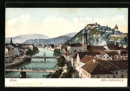 AK Graz, Ortsansicht mit Fluss und Brücke, Mur-Schlossberg