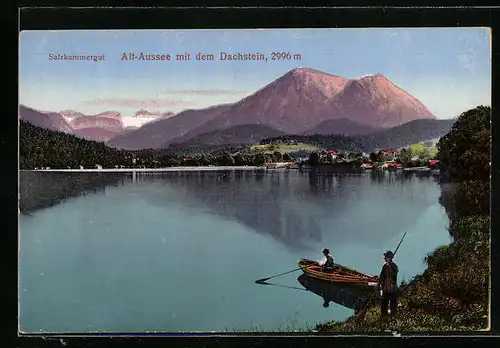 AK Alt-Aussee, Fischerboot auf dem See mit Blick auf den Dachstein