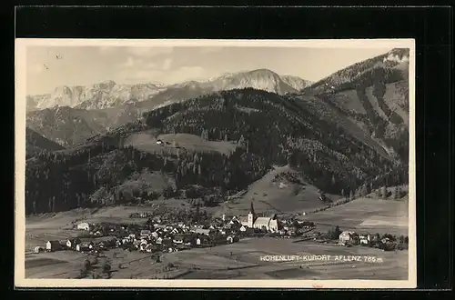 AK Aflenz, Ortspartie mit Kirche und Berglandschaft