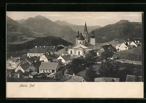 AK Mariazell, Blick über die Dächer der Stadt auf das Kloster