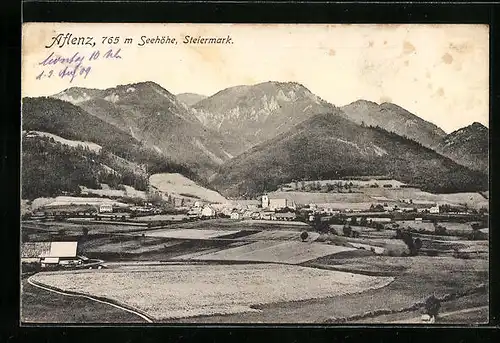 AK Aflenz, Ortspartie mit Kirche und Ackerlandschaft
