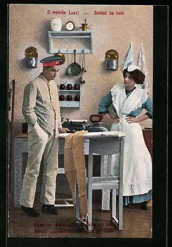 AK Soldat und Dienstmädchen mit einem Bügeleisen