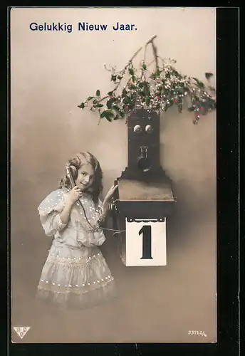 AK Fräulein am Telefon mit Kalender, Neujahrsgruss