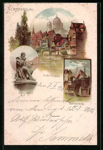 Lithographie Nürnberg, An der Pegnitz, Hans Sachs, Karlsbrücke