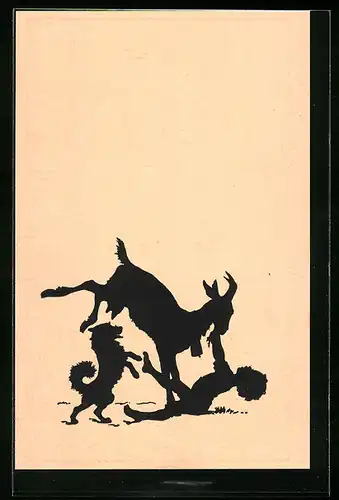 Künstler-AK Paul Konewka: Schattenbild, Junge mit Ziegenbock und Hund