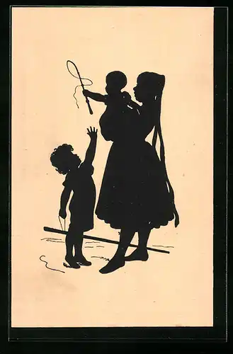 Künstler-AK Paul Konewka: Schattenbild, Junge Frau mit zwei Kindern