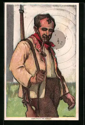 AK Schweizerischer Schützenverein, 1824-1924, Schütze mit Tabakpfeife vor der Zielscheibe