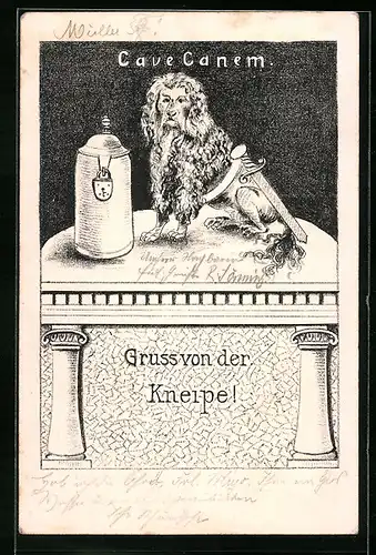 AK Gruss von der Kneipe!, Cave Canem, Löwe mit Bierkrug