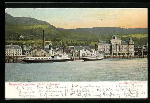 AK Bregenz, Stadt mit Bodenseedampfer König Wilhelm