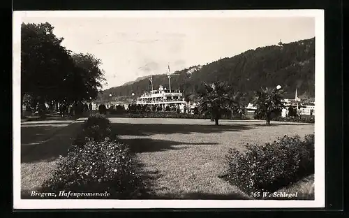 AK Bregenz, Hafenpromenade mit Dampfer