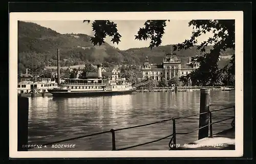 AK Bregenz, Hafenbild mit Dampfer
