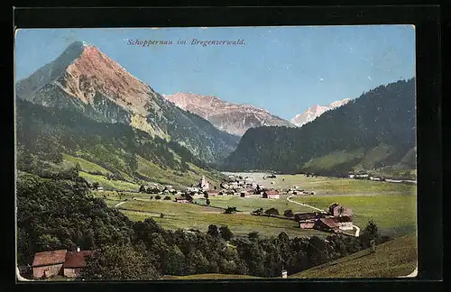 AK Schoppernau, Panorama mit Gebirgswand