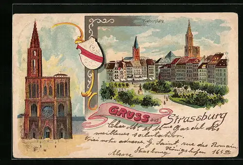 Lithographie Strassburg i. Els., Münster, Kleberplatz, Wappen