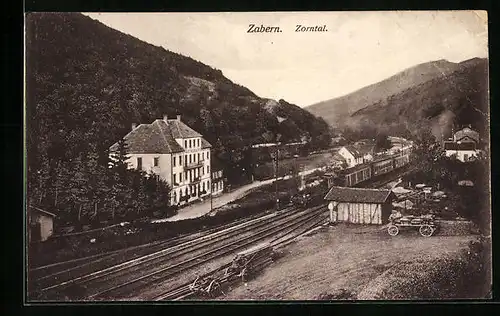 AK Zabern, Zorntal mit Bahngleisen und Eisenbahn