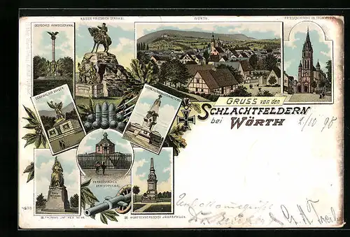 Lithographie Wörth, Totalansicht, Militär-Denkmäler, Kirche in Fröschweiler