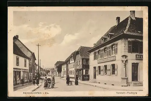 AK Reichshofen i. Els., Vorstadtpartie mit Brauerei Derendinger