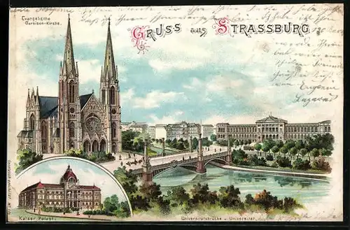 Lithographie Strassburg i. Els., Kaiser-Palast, Univeristät mit Universitätsbrücke