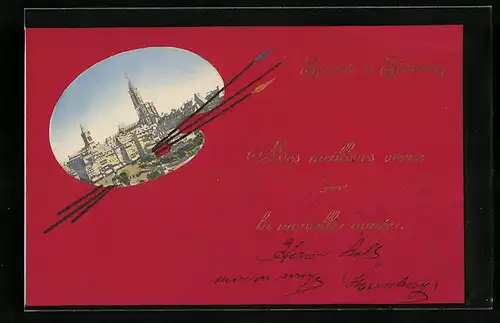 Passepartout-AK Strassburg i. Els., Teilansicht mit Münster, Farbpalette mit Pinsel