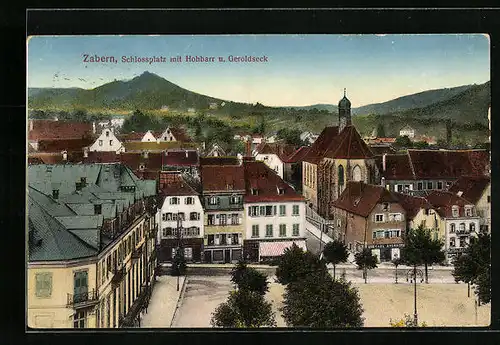 AK Zabern, Schlossülatz mit Hohbarr und Geroldseck, Handlung v. Carl Evers und Kaufhaus Knopf