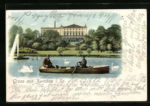 AK Zwickau i. Sa., Schwanenschloss mit Ruderpartie