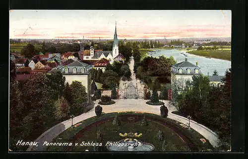 AK Hanau, Panorama vom Schloss Philippsruhe aus gesehen
