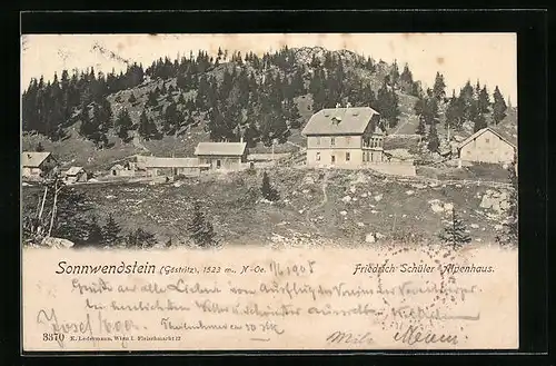 AK Sonnwendstein, Teilansicht mit Friedrich Schüler Alpenhaus