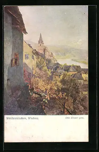 Künstler-AK Weissenkirchen i. d. Wachau, Teilansicht in Herbstfarben