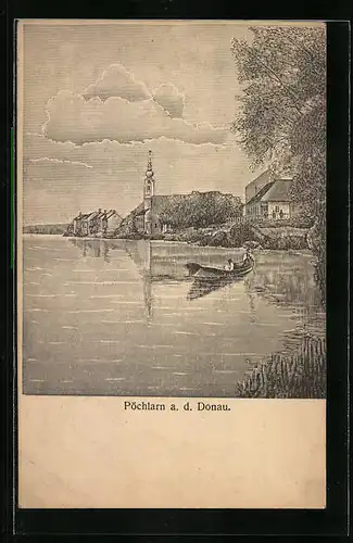 AK Pöchlarn a. d. Donau, Ruderpartie mit Ortsblick
