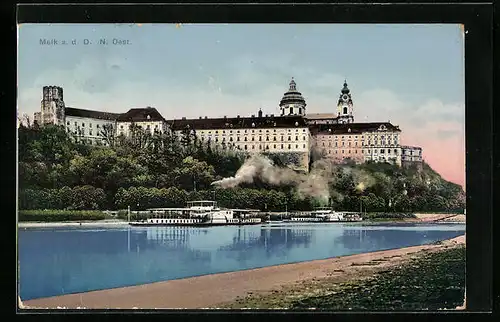 AK Melk a. d. D., Schloss und Donaudampfer