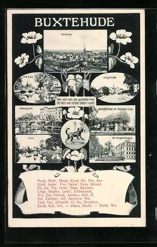 AK Buxtehude, Bahnhofstrasse mit Bahnhofs-Hotel, Königliche Baugewerkschule, Malerschule