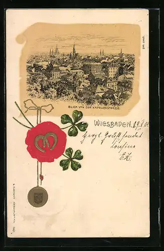 Präge-Lithographie Wiesbaden, Blick von der Kapellenstrasse auf den Ort, Siegel mit Kleeblättern