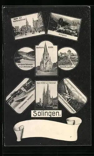 AK Solingen, Markt mit Waffenschmied, Kaiser Wilhelm Brücke Müngsten, Remscheider Talsperre