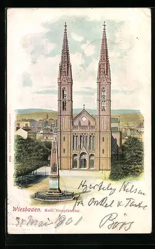 Lithographie Wiesbaden, Katholische Hauptkirche mit Denkmal