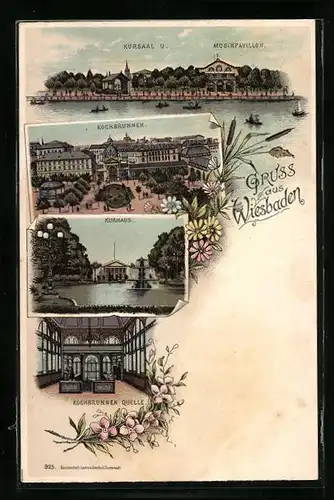 Lithographie Wiesbaden, Kurhaus, Kursaal und Musikpavillon, Kochbrunnen