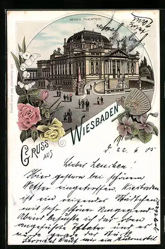Lithographie Wiesbaden, Neues Theater mit Denkmal