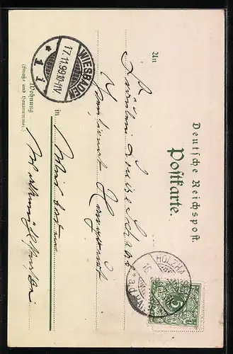 Lithographie Wiesbaden, Rathaus, Kriegerdenkmal